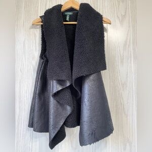 Ralph Lauren M Black Faux Fur Suede Draped Open Vest Women’s Size Med Cozy Warm